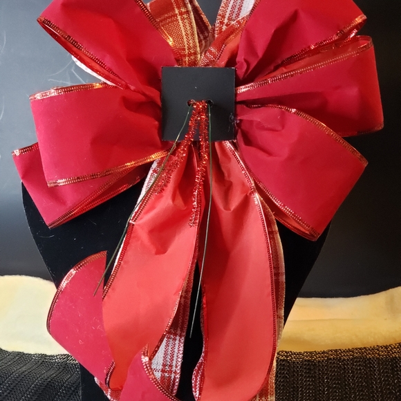 Handcrafted Holiday Bows! approx. 10"Wx14"L, Red velvet, Sheer Red, Tartan plaid - Picture 2 of 2